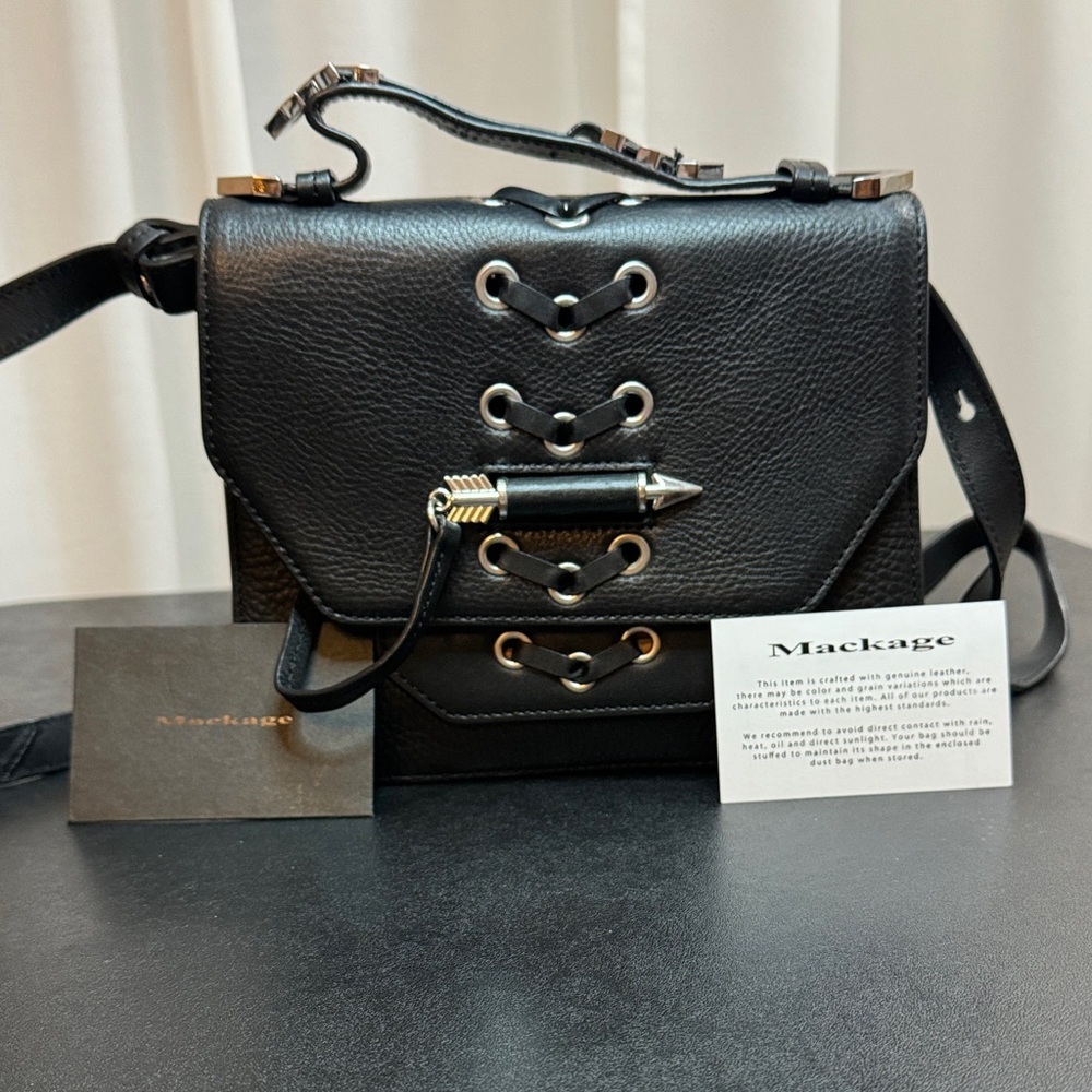 Mackage Black Pebbled Leather Crossbody Bag Arrow Detail & Hardwear Motorcycle
